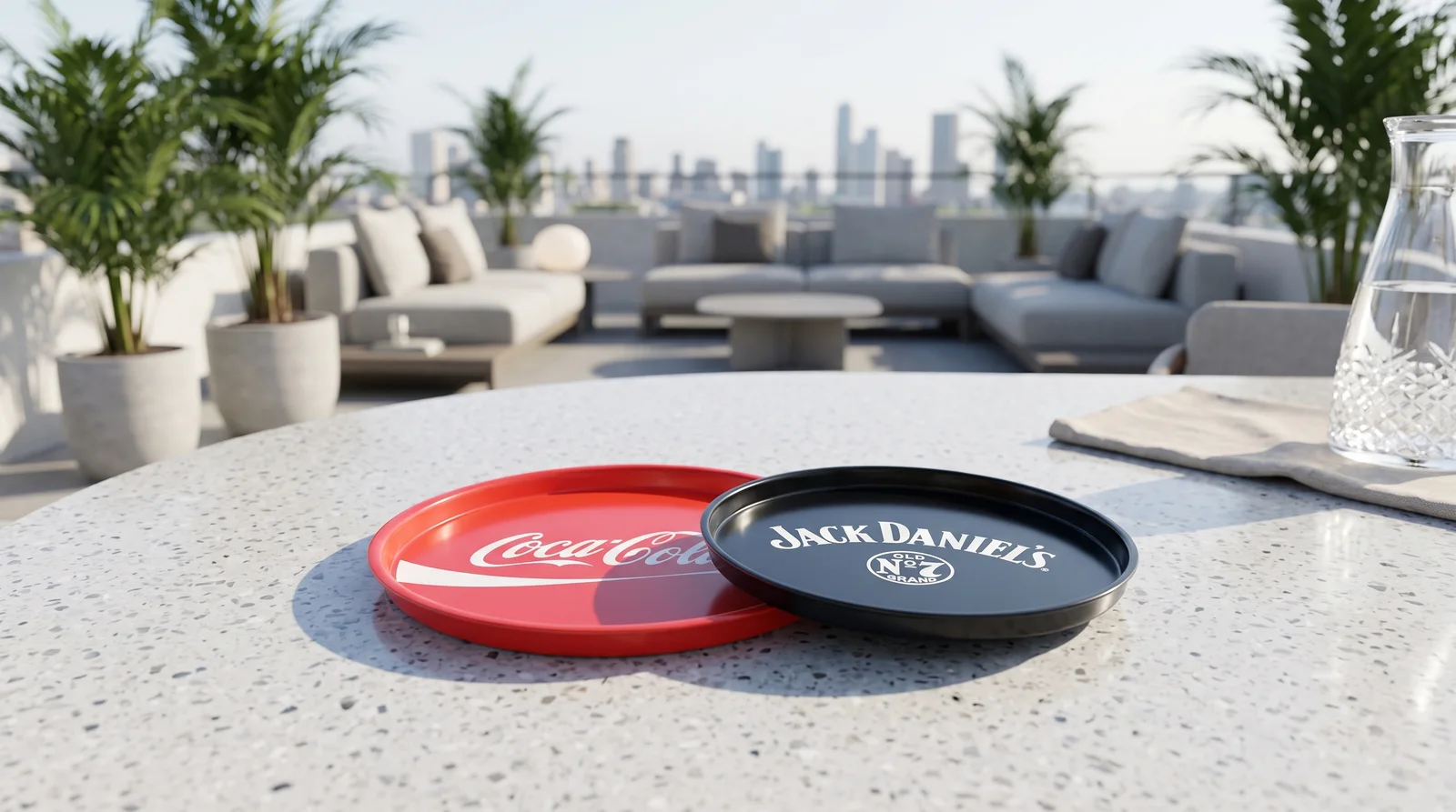 Piros és fekete kerek felszolgáló tálca Coca-Cola és Jack Daniel's nyomattal, teraszon