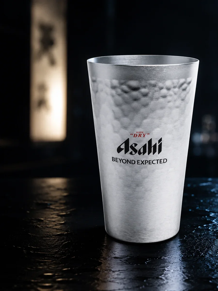Asahi feliratos kalapált fémedény sötét pulton, hátul üvegekkel