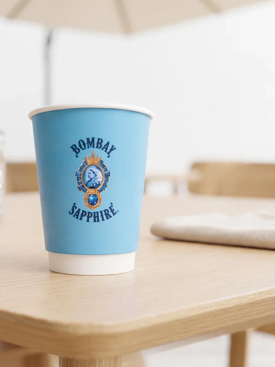 Világoskék kartonpohár Bombay Sapphire emblémával, napos tetőteraszon