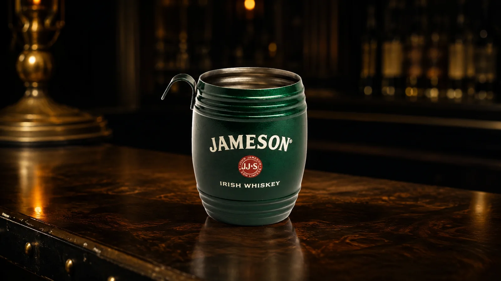 Zöld hordó formájú Jameson edény sötét bárpulton, aranyszínű fényben