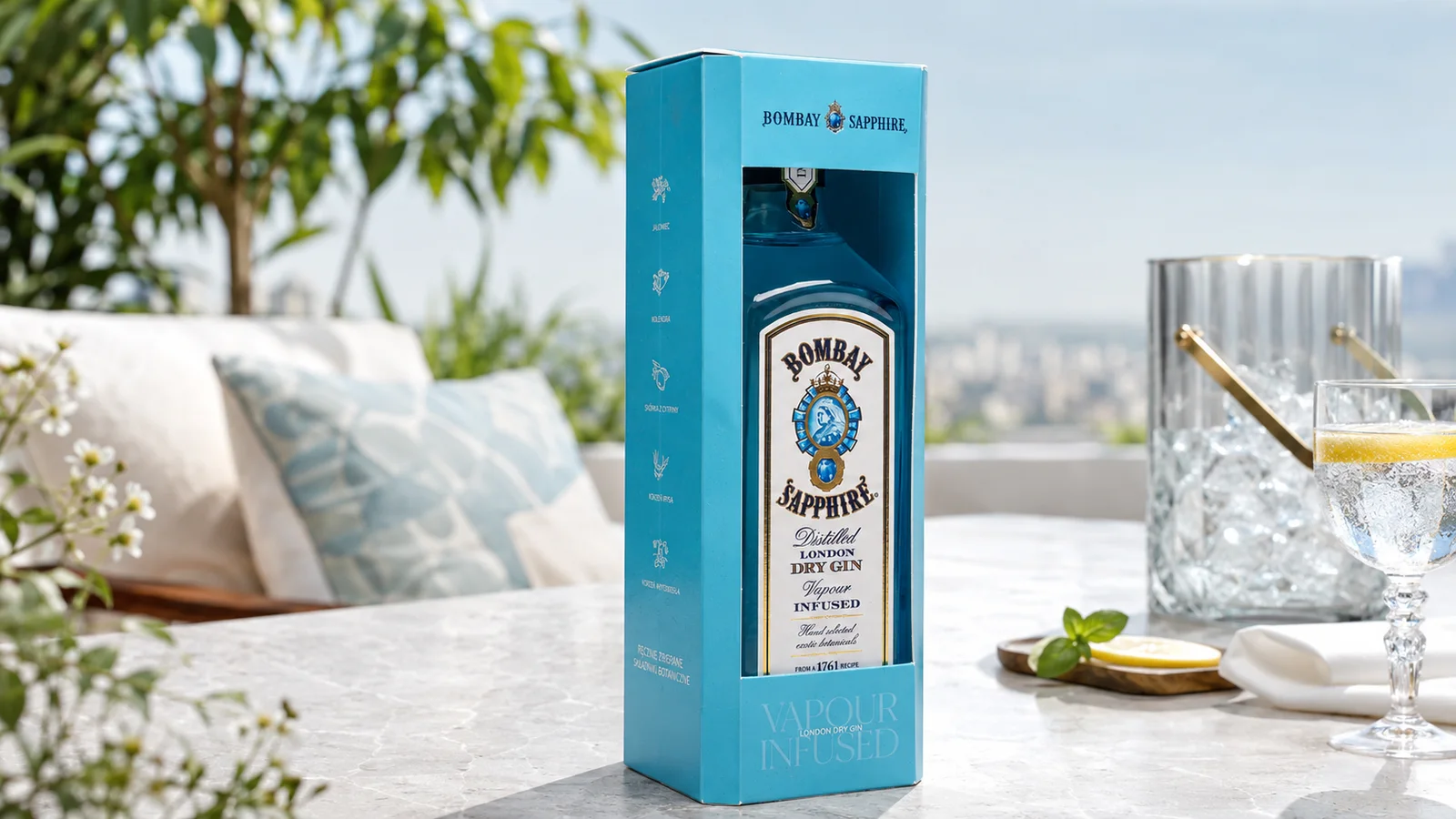 Karcsú világoskék italos díszdoboz Bombay Sapphire üveggel, napsütötte teraszon