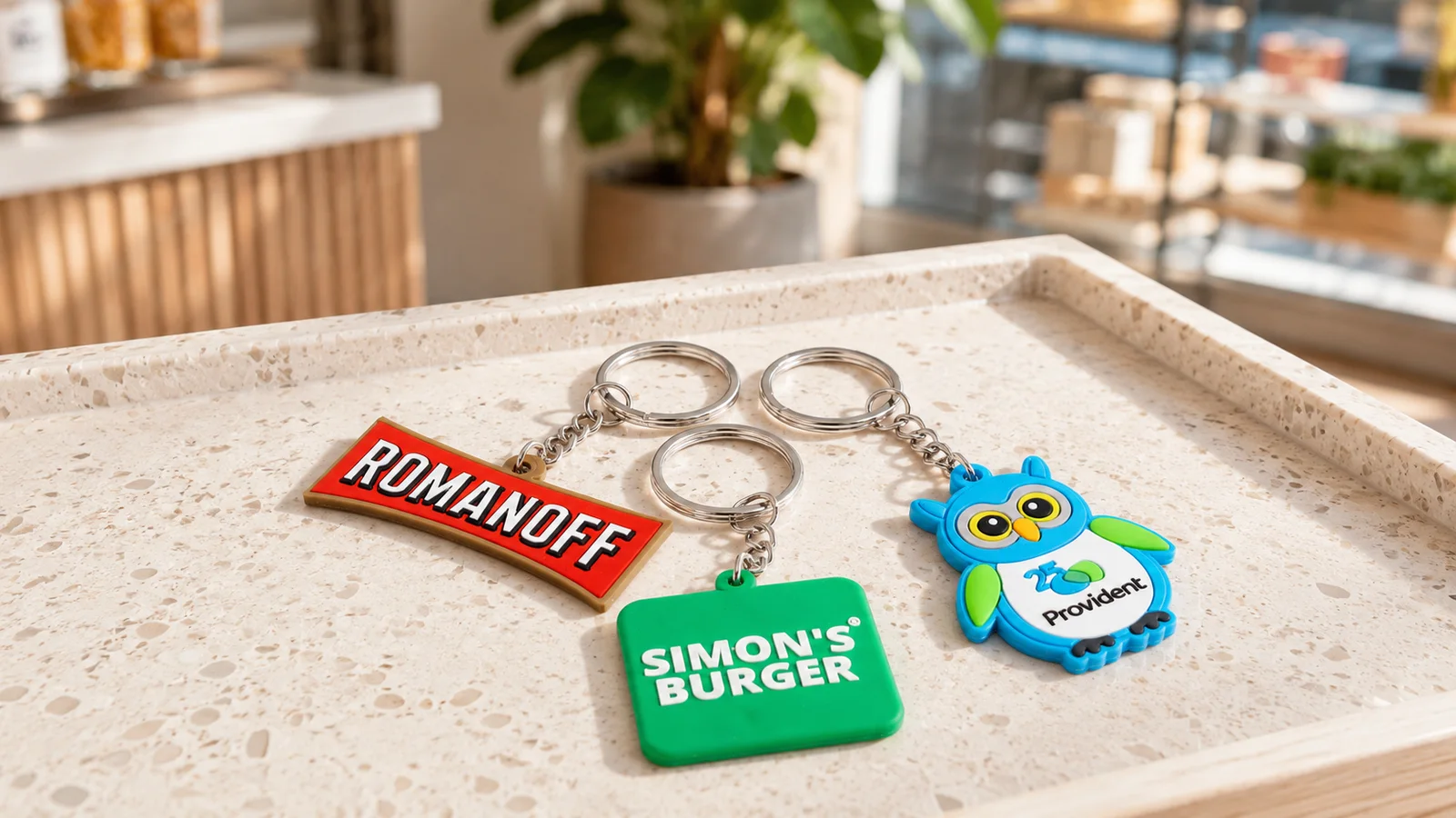 Három öntött gumi kulcstartó – Romanoff, Simon's Burger és bagolyfigura – világos tálcán