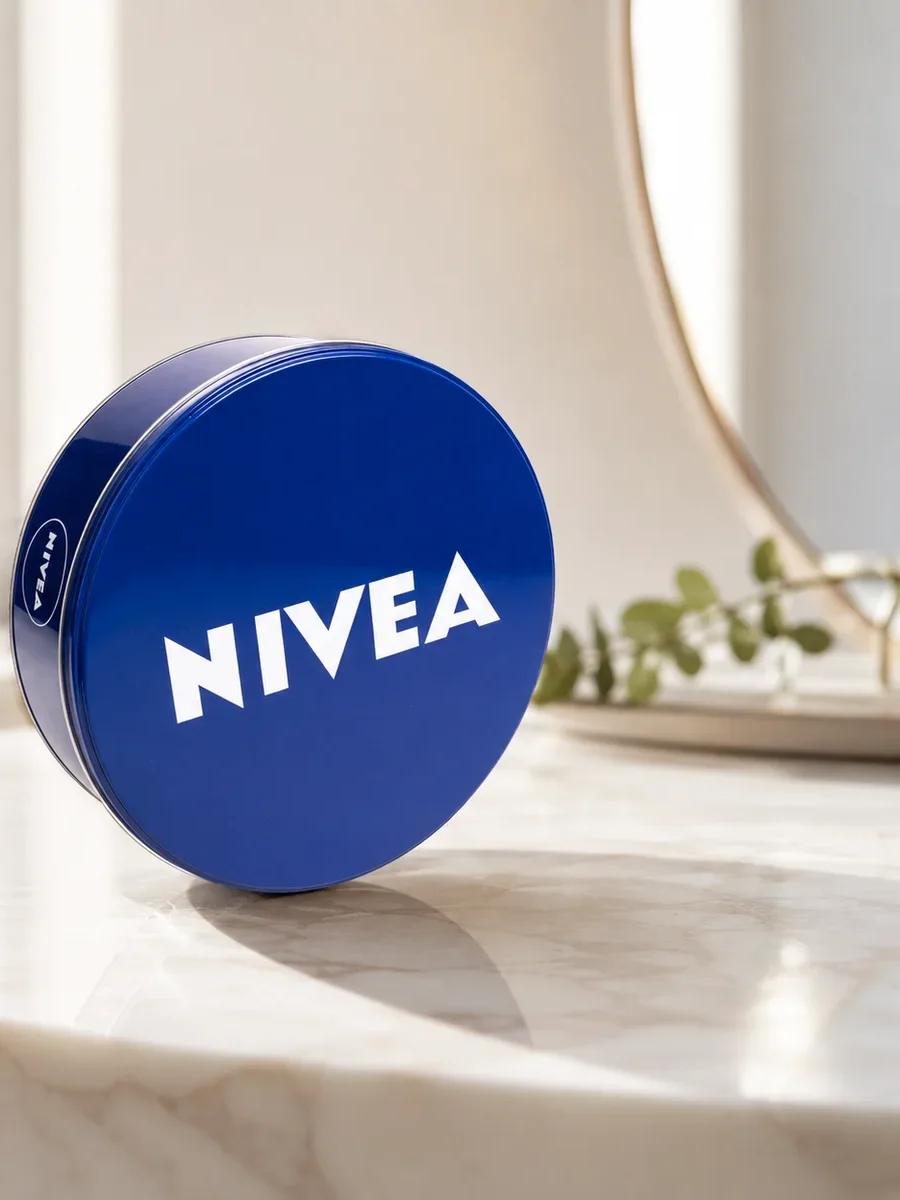 Élénkkék kerek fémdoboz fehér Nivea felirattal, napfényes ablakpárkányon