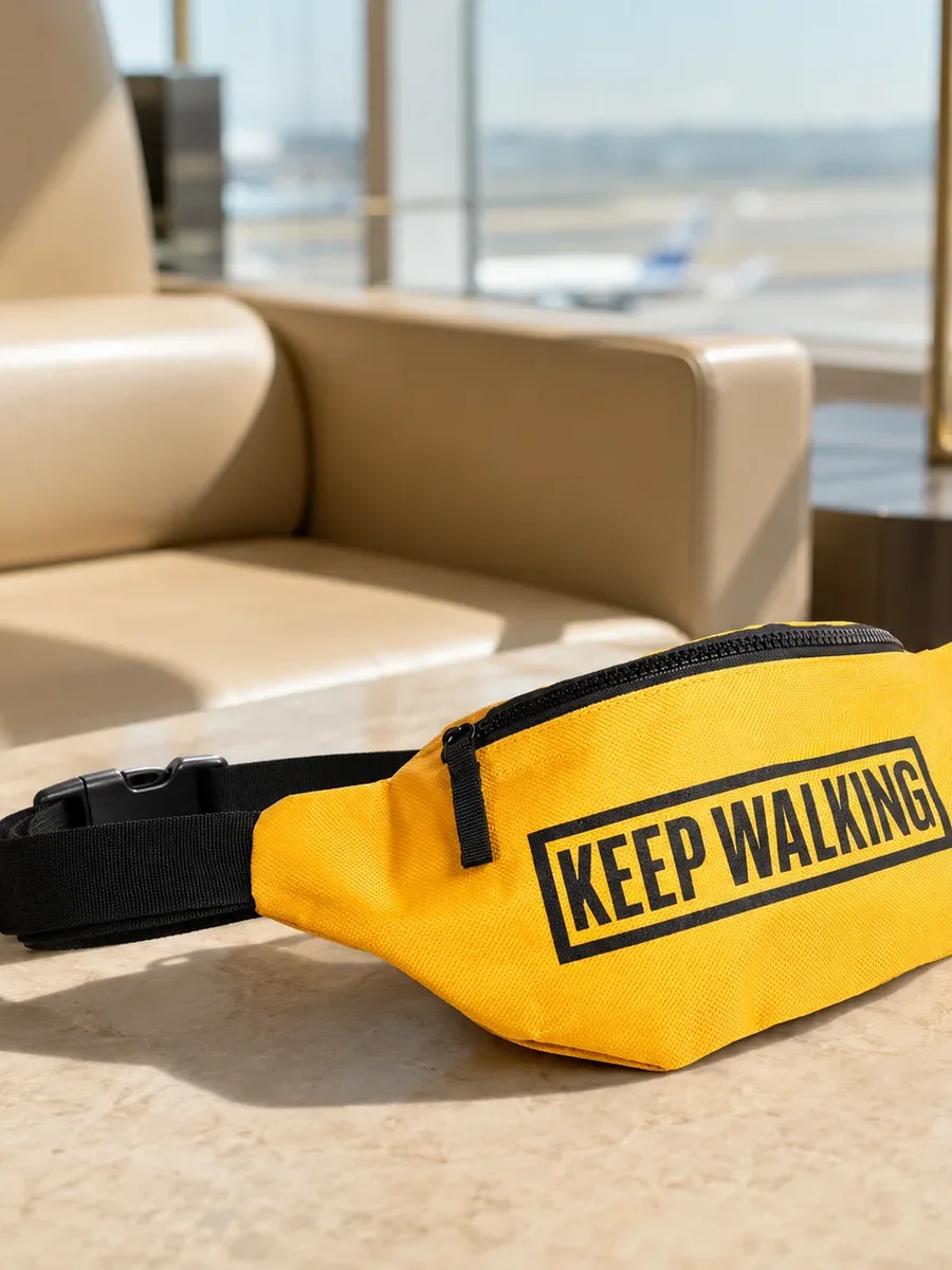 Sárga övtáska fekete Keep Walking felirattal, napsütötte budapesti teraszon