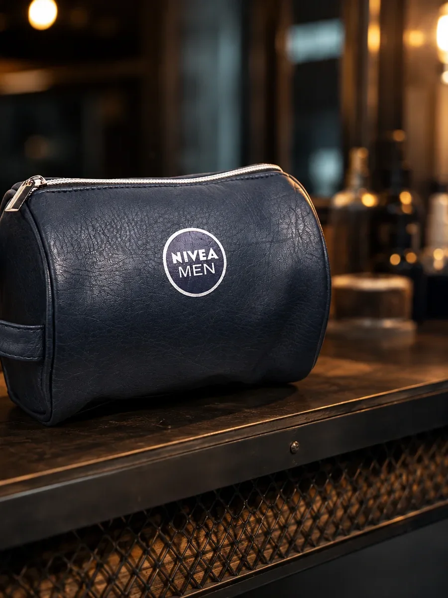 Bőrhatású sötétkék piperetáska Nivea Men jelzéssel, éjszakai enteriőrben