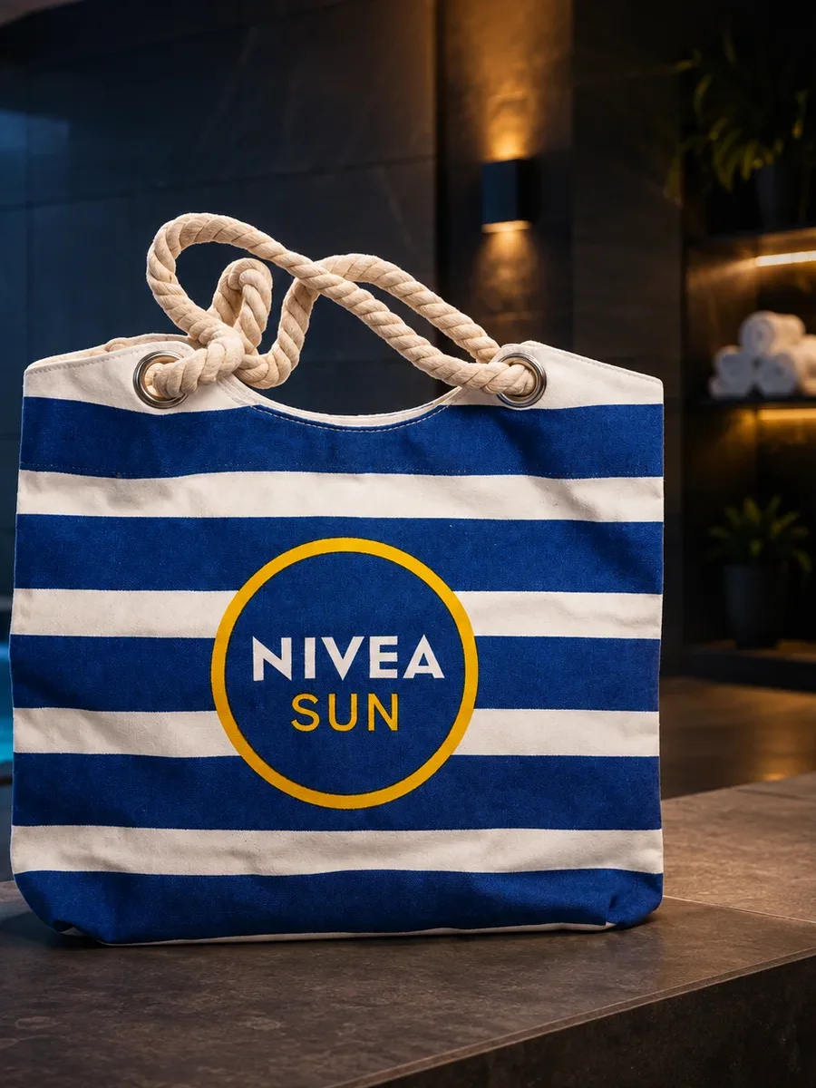 Kék-fehér csíkos vászon szatyor Nivea Sun jelzéssel, esti medence mellett