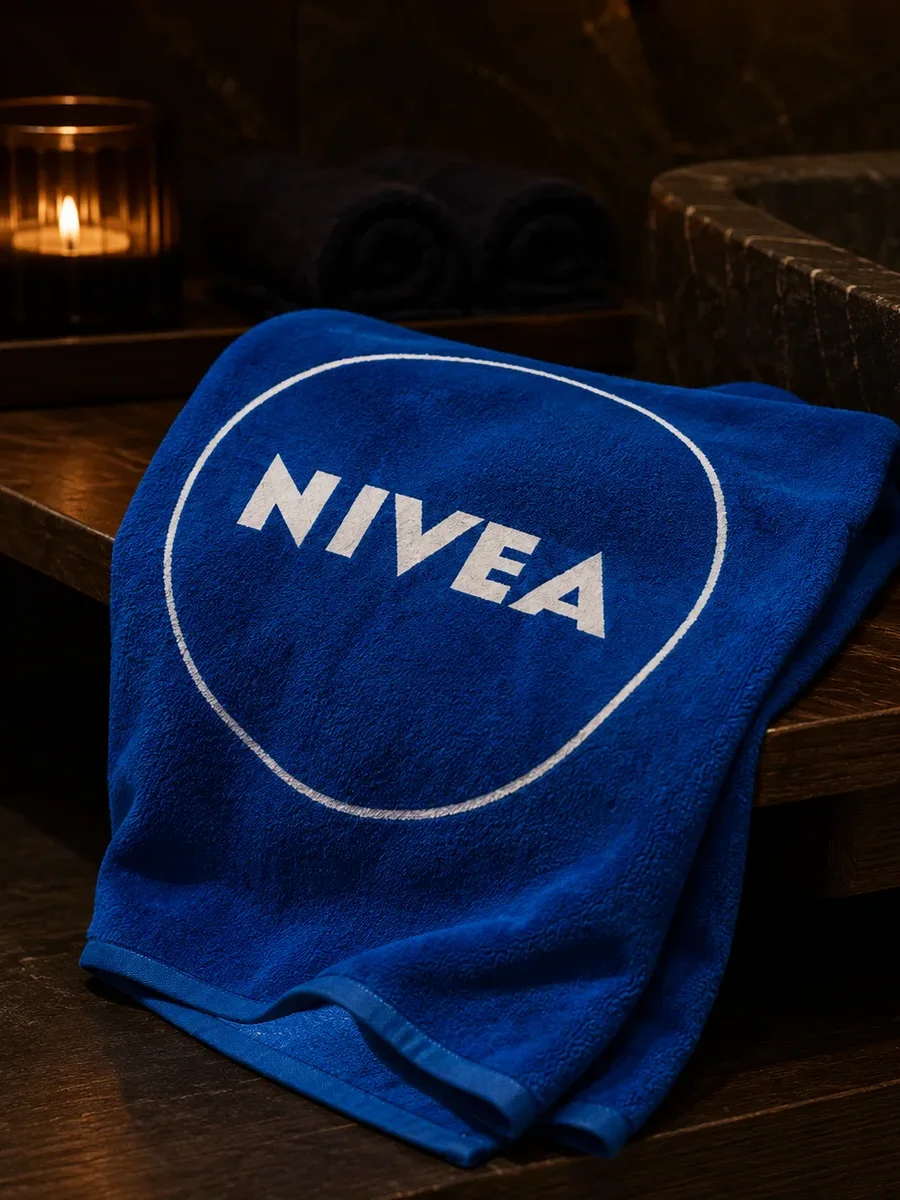 Élénkkék frottír kendő Nivea emblémával, sötét medencepart mellett